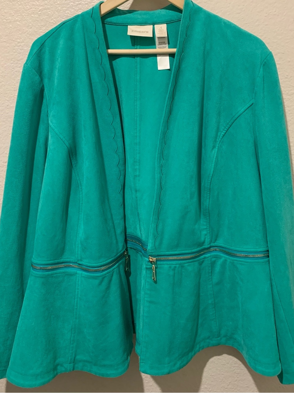 Chico's Teal Scallop-Trim Open-Front Jacket with Waist Zippers